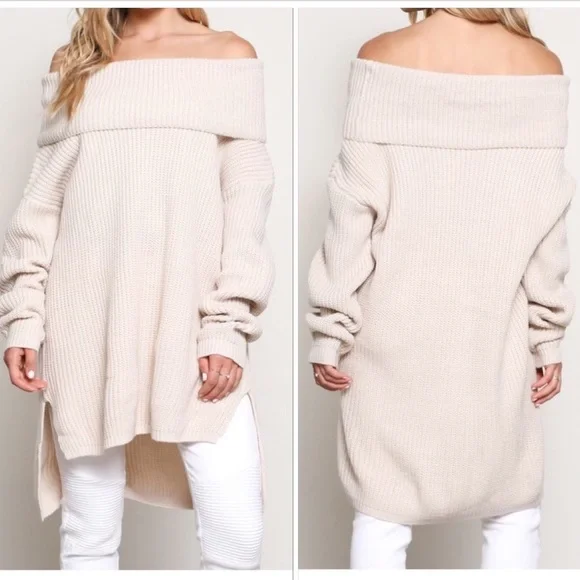 Dresses Cream Off The Shoulder Longsleeve Ribbed Oversized